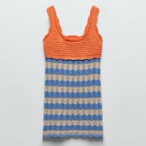 Zara Knit Mini dress, Orange with blue stripes, Size Medium